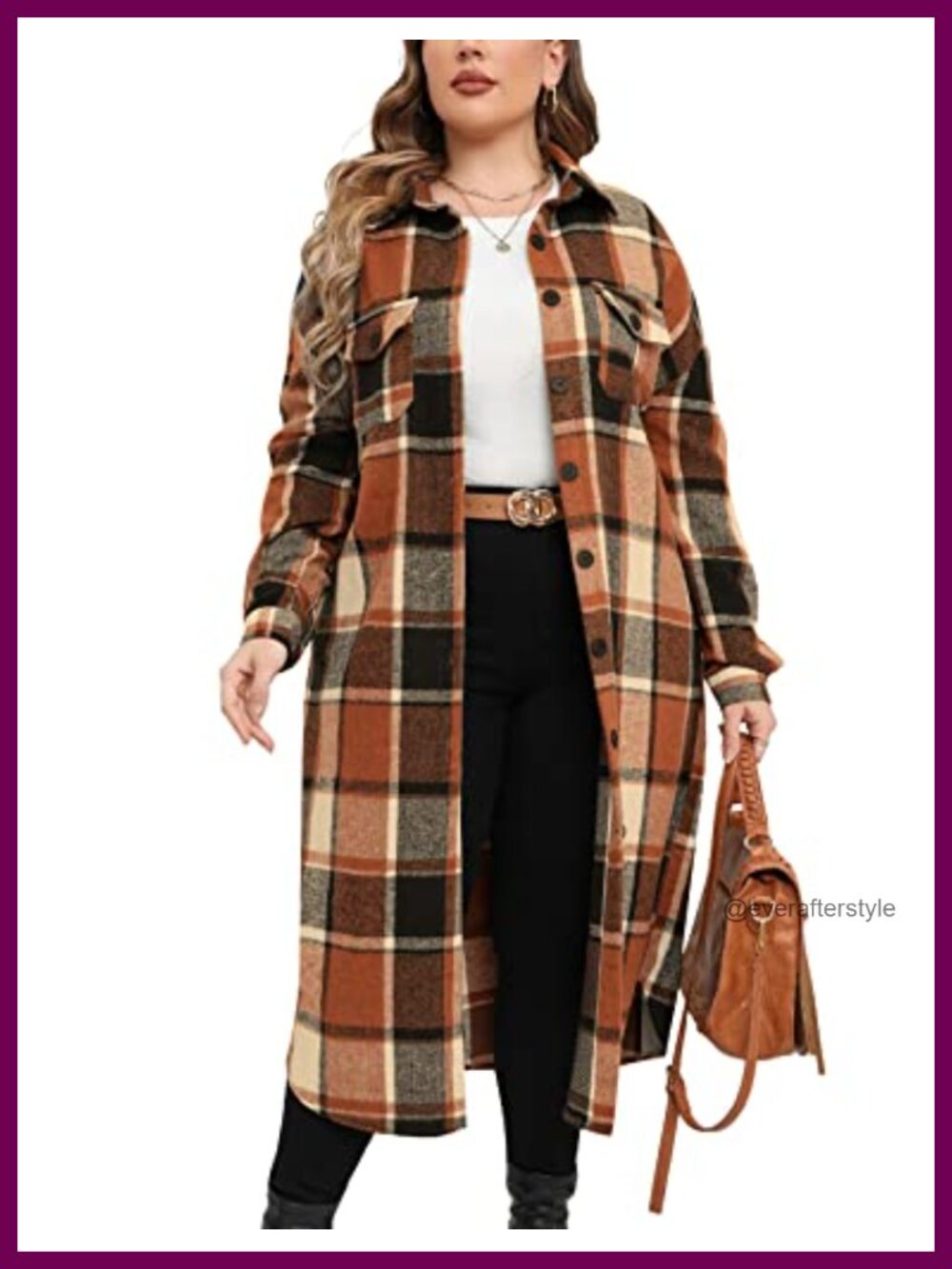 Plus Size Long Flannel Plaid Shacket Oversized Button Down Coat